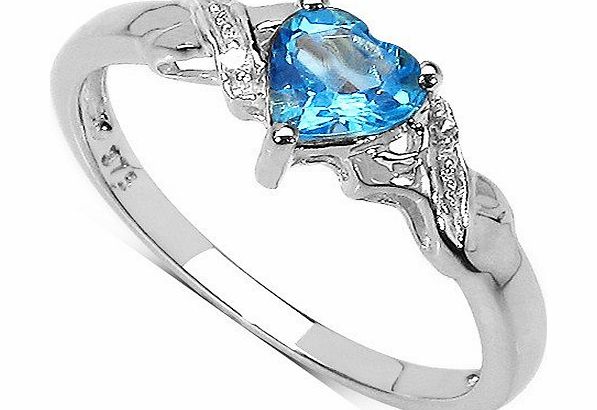 The Blue Topaz Ring Collection: 9ct White Gold Small Heart Shaped Swiss Blue Topaz with Diamond Set Shoulders Engagement Ring (Size N)