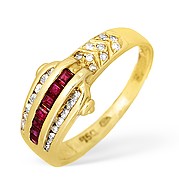 18KY Diamond and Princess Ruby Channel Set Buckle Design Ring 0.33ct