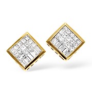 The Diamond Store.co.uk 18KY Princess and Baguette Square Design Diamond Earrings 1.00CT