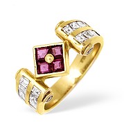 The Diamond Store.co.uk 18KY Princess Diamond and Ruby Ring with Square Detail 0.75ct