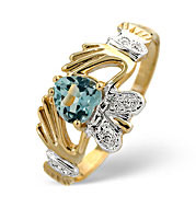 Blue Topaz and 0.02CT Diamond Claddagh Ring 9K Yellow Gold