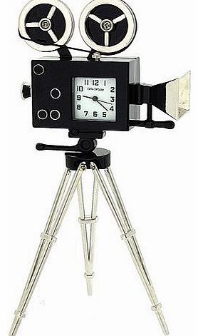 Miniature Black Movie Camera On Tripod Novelty Desktop Collectors Clock 9868