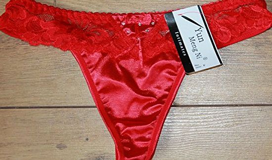 The Good Life Choice of 7 Colours Sexy Ladies Panties Briefs Thong Satin with Lace Trim 8-12 (Red)