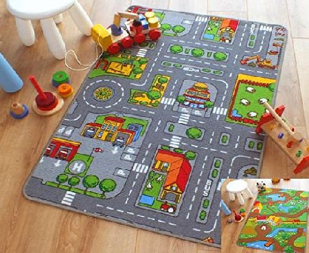 Reversible Road Map Farm Animal Cars Rug Play Mat 100cm x 165cm (33 x 54 approx)