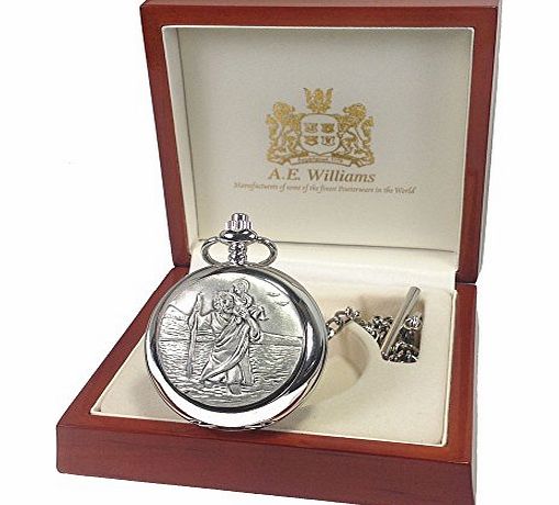 Boys Christening Gift, Engraved St Christopher Mother of Pearl Face Pocket Watch in a Wood Gift Box