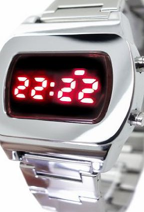 The LED Watch Store 70s STYLE Retro LED Watch 2013 Super Bright Vintage Style Chrome Silver Digital TX08 Red Multi funct