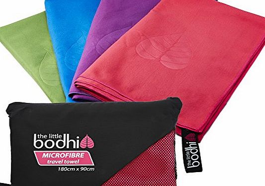 The Little Bodhi Microfibre Towel X-Large size 180cm x 90cm with carry bag - a quick dry towel in 4 stunning colours (pink, blue, green amp; purple). Great for travel, sports, gym, camping, swim, yoga, pilates, bikra