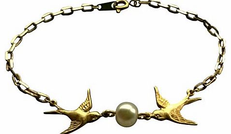 Vintage Style Brass Swallow Bird and Glass Pearl Bead Bracelet - 7 inches