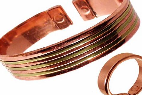 The Online Bazaar Ladies or Gents Magnetic Copper and Brass Lines Bracelet and Smooth effect magnetic copper ring in various sizes with Presentation Gift Box (LARGE RING SIZE: 22 -25mm)