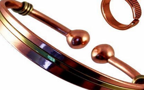 Magnetic Copper & Brass Torque Bracelet for Men and Women and Etched-on Lines Magnetic Copper Ring Combi Gift Set (Medium Ring Size: 19 - 21mm)