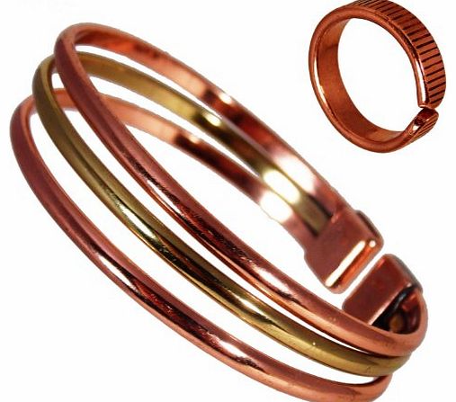 The Online Bazaar Magnetic Copper & Brass Triple Bracelet with Etched-on Lines finish magnetic copper ring Combi G