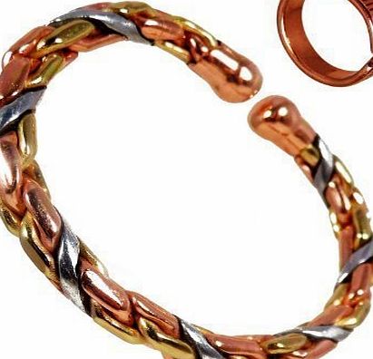 The Online Bazaar Magnetic Copper, Brass and Aluminium Heavy Rope Bracelet and Etched-on Lines-Finish Copper Magnetic Ring Combi Gift Set for Men or Women. (Small RING SIZE: 16 - 18mm)