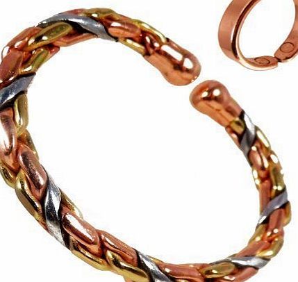 The Online Bazaar Magnetic Copper, Brass and Aluminium Heavy Rope Bracelet and Smooth Finish Copper Magnetic Ring Combi Gift Set for Men or Women. (MEDIUM RING SIZE: 19 - 21mm)