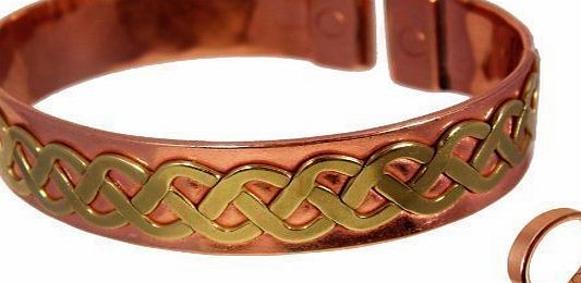 The Online Bazaar Unisex Magnetic Brass Celtic Lace Design on Copper Band Bracelet with Etched-on Lines Magnetic Copper Ring Combi Gift Set for Men or Women. (Small ring size: 16 - 18mm)