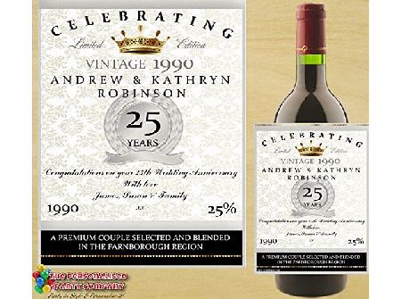 The Personalised Party Company Personalised WINE BOTTLE LABEL ~ Silver 25th Anniversary Gift Idea N13