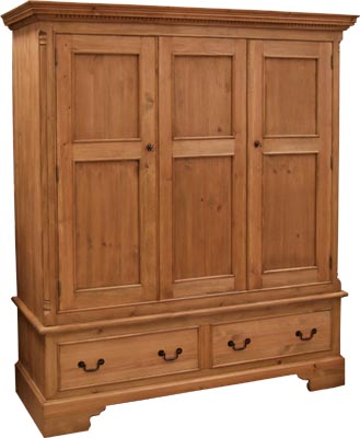 The Pine Factory LARGE GEORGIAN TRIPLE PINE WARDROBE WITH 2 DRAWERS