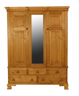 LARGE TRIPLE PINE WARDROBE WITH MIRROR AND 5