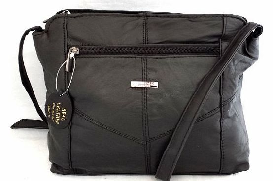 LADYS BLACK REAL LEATHER SHOULDER BAGS SOFT SMOOTH DESIGNER LEATHER CROSS BODY HANDBAG LOTS OF COMPARTMENTS