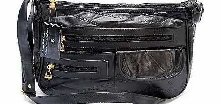 LADYS REAL LEATHER SHOULDER BAG IN BLACK SOFT SMOOTH DESIGNER CROSS BODY HANDBAG WITH GOLD ZIP FINISH & FREE LEATHER BELT