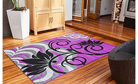 The Rug House Modern Luxury Soft Montego Purple & Black Floral Motif Lounge Rug - 3 Sizes Available