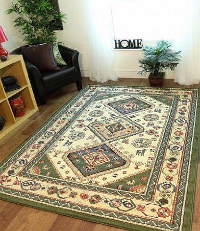 The Rug House Olive Green and Cream Traditional Afghan Style Navaro Rugs 8827 CreamEm - 60 cm x 110 cm (2 x 37``)
