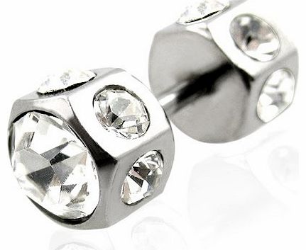 - Stainless Steel Double Hexagon Look-Alike Ear Plug with 14 Clear Cubic Zirconia