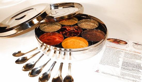 TheRedHotShop Authentic Indian Spice Box with Double Lid 24cm (Large), 7 spice spoons amp; FREE Spice Guide set