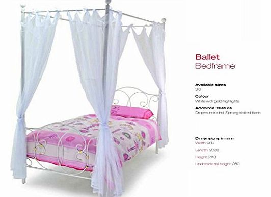 THINGSWINGS Brand new Ballet 4 Poster bed frame Intricate Design - White Drapes - White/Gold