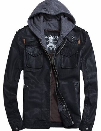 THOOO Mens Cool Zip Up Leather Hooded Biker Jacket Rock Punk Jackets Coat Black L
