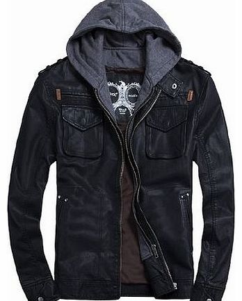 Mens Cool Zip Up Leather Hooded Biker Jacket Rock Punk Jackets Coat Black XXL