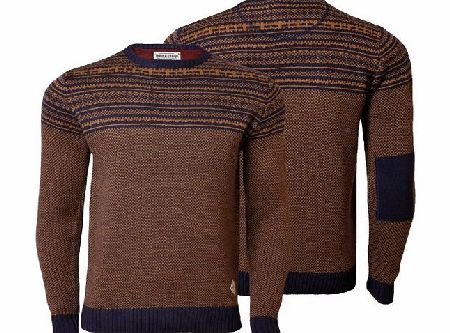 Threadbare Mens Knitted Jumper Threadbare IMS 050 Sweater Pullover Knitwear Fair Isle, Mustard/Navy, Medium