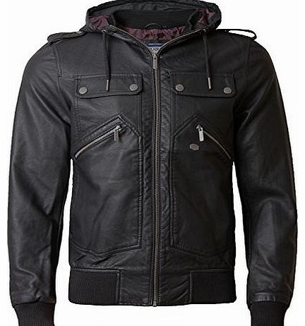 Threadbare Mens Leather Look Jacket Threadbare Coat Full Zip Hooded Lined Winter GRIFFIN, Black, Medium