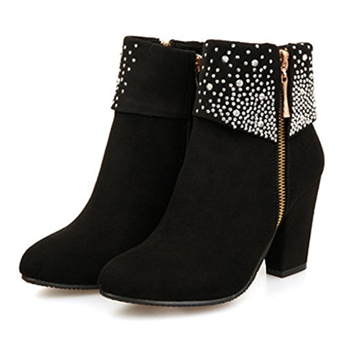 Ladies Chunky Heel Ankle Boots Shiny Diamante Combat Boots (4, black)