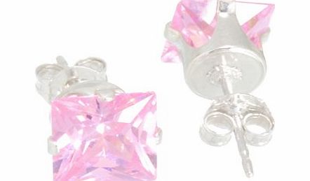 Thug Fashion 7MM - Genuine 925 Sterling Silver Princess Cut Prong Set Pink Color Square CZ Stud Earrings
