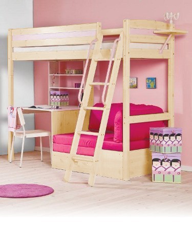 Trendy 28 Natural Pine Loft Bed w/ Desk & Sofa Bed