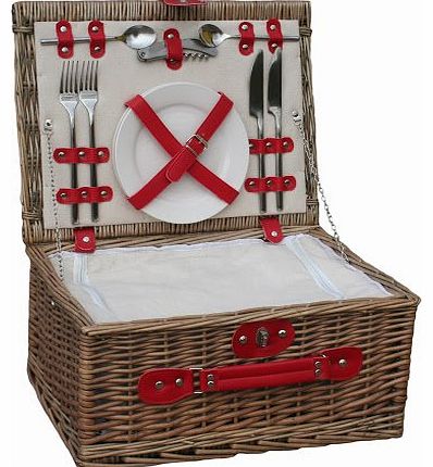 Retro Red Leather 2 Person Fitted Wicker Picnic Hamper Basket
