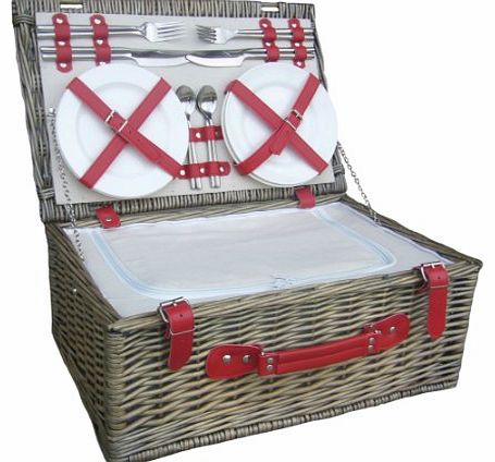 Retro Red Leather 4 Person Fitted Wicker Picnic Hamper Basket, with Zipped Chiller Compartment