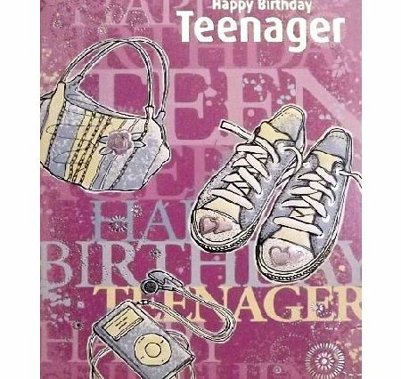 Ticker Enterprises Girls Lilac, Blue amp; Silver ``Happy Birthday Teenager`` Birthday Greetings Card - With Foil Embossed Handbag, IPod amp; Shoes