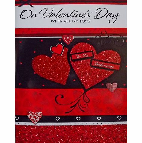 Ticker Enterprises Large Sized Red amp; Black ``On Valentines Day With All My Love`` Valentines Day Greetings Card - With Glitter Embossed Love Hearts amp; Bow (23cm x 15cm)