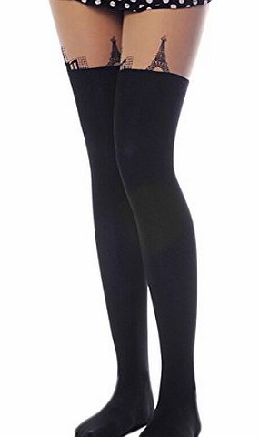 TightCode Ladies Printed Tower Faux Thigh High Stockings Tights Size UK 8-18