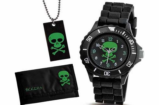 Tikkers Boys Black Skull Watch Set
