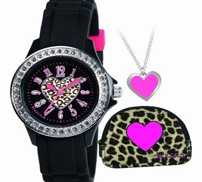 Girls Animal Print Black Watch, Purse and Pink Heart Necklace Gift Set