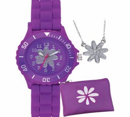 Tikkers Girls Purple Glitter Daisy Watch Set
