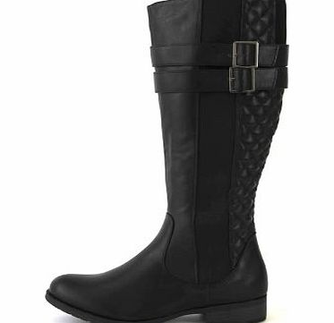 BY TILLY LONDON HT-1 NEW LADIES WOMANS KNEE HIGH FLAT HEEL BLACK PATENT QUILTED BIKER RIDING BOOTS TILLY LONDON SIZES 3 4 5 6 7 8 (6, Black Faux Leather)