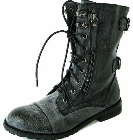 Tilly Shoes Woman Flat Lace Up Army Biker Ankle Black Ladies Military Boots Size 3 4 5 6 7 8 - Greys - UK 4