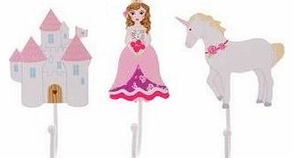 Childrens Set of 3 Girls Fairytale Coat Hooks; Castle, Princess, Unicorn