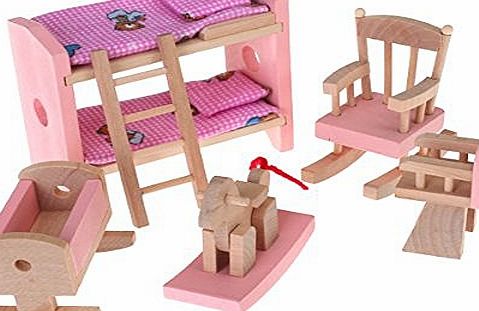 5pcs Adorable Wooden Dollhouse Funiture Kids Room Set Toys Bunk Bed Rocking Chair Horse High Chair Cradle