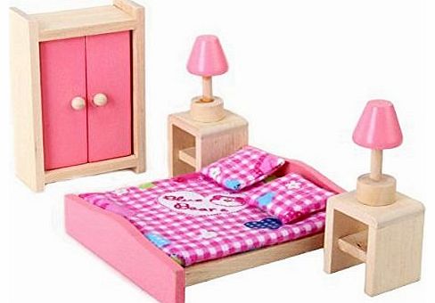 Tinksky 6pcs Cute Dollhouse Bedroom Miniature Wooden Furniture Set Double Bed Table Lamp Closet (Pink)