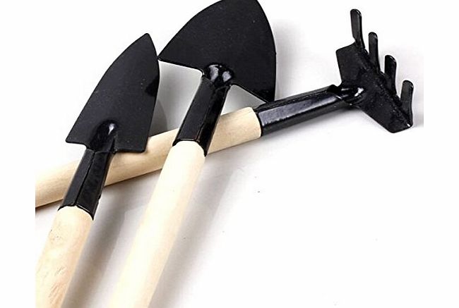 Tinksky A Set of 3pcs Mini Garden Planting Gardening Tools Shovel Rake Spade with Wooden Handle (Black)