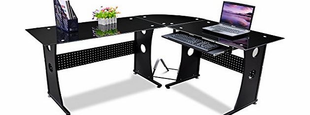 tinxs  Black Stable Corner Desk Computer Home Office Desk Corner PC Table in Glass-L Shaped